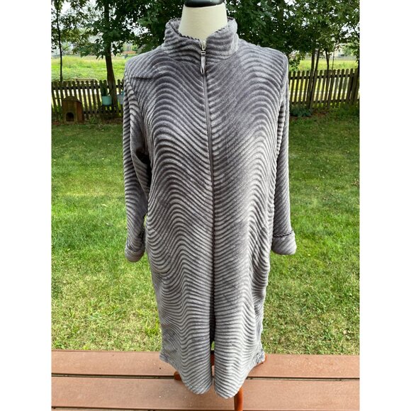Stan Herman Womens PL Gray Ribbed Fleece Zip-Up Lounger Polyester Long Soft Warm - Picture 1 of 9